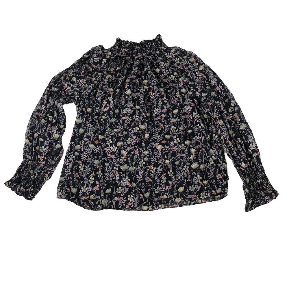 Rebecca Taylor Women’s Black Floral Silk Blend Smocked Mock Neck Top Blouse 8
